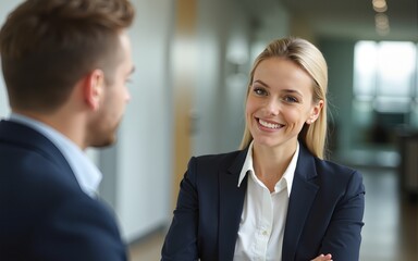 Portrait of beautiful blonde business woman having informal meeting with handsome man in formal-wear at office hall. High quality