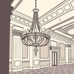 Obraz premium Elegant interior hallway with ornate chandelier and decorative wall paneling in a classic architectural style
