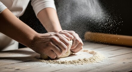 Hands kneading dough with flour on a wooden surface, preparing homemade bread.