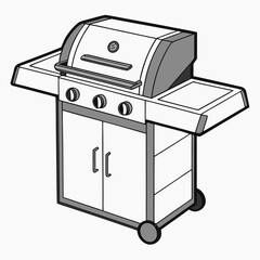 Modern gas barbecue grill with side shelves and storage cabinet on wheels isolated on white background