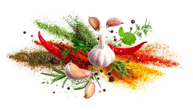 Flying colorful spice powders with garlic bulb, chili, and herbs separated