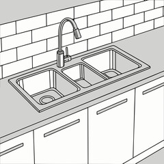 Modern triple basin kitchen sink with gooseneck faucet and subway tile backsplash illustration
