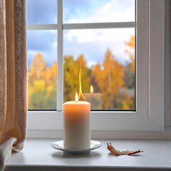 Candle on windowsill, autumn view