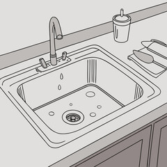 Simple line drawing illustration of a kitchen sink with a dripping faucet and a dish rack with a knife