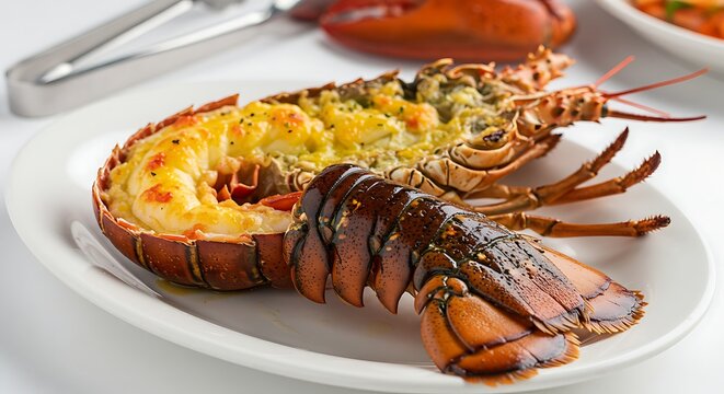 Bahamian rock lobster grilled and isolated on a white oval plate, tail opened with exposed meat