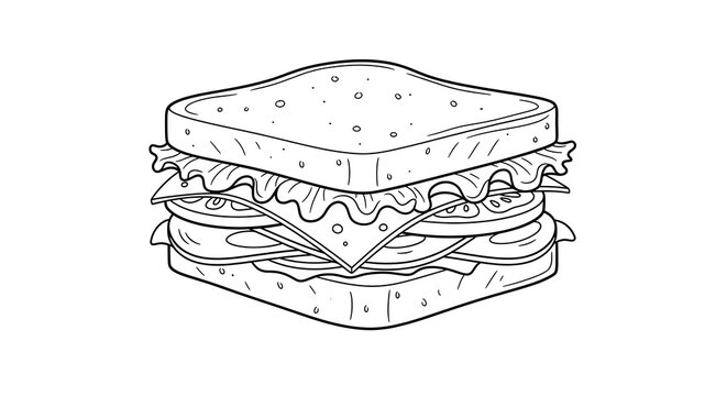 Line Drawing of a Classic Sandwich with Lettuce Cheese and Meats on White Background