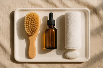 Skincare self-care routine with body brush and oil