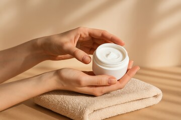 Hands holding cream for skincare routine and wellness