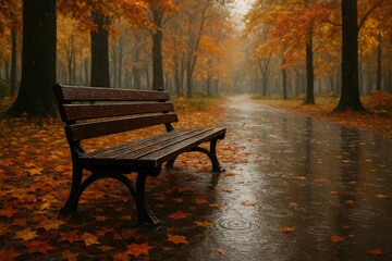 Park bench in autumn rain with falling leaves