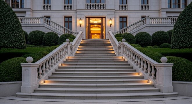 A grand, illuminated stone staircase leading to the entrance of a luxurious, classical building with manicured gardens.