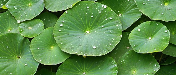 Fresh green lotus leaves background with water droplets after rainfall