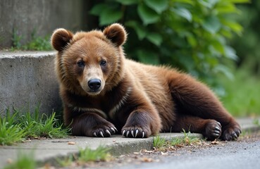 Fototapeta premium Young brown bear rests on concrete curb near green foliage. It looks directly at camera with calm expression. The cub shows its sharp claws and thick fur in daylight.