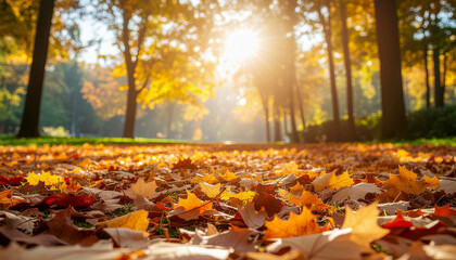 Beautiful autumn landscape with colorful fall foliage, golden and red leaves