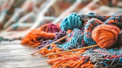 Colorful yarn balls and knitting needles on a patterned wooden table