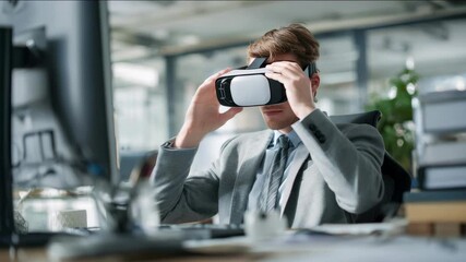 Businessman uses a VR headset in his office, exploring virtual reality. - Powered by Adobe