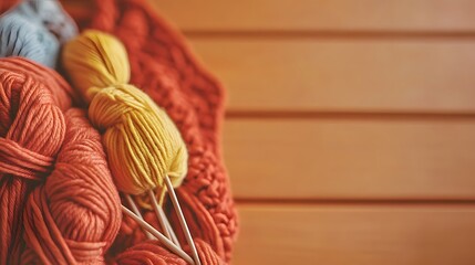 Colorful yarn balls with needles for knitting on a warm blanket background.