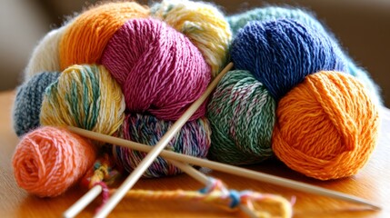 Colorful yarn skeins and knitting needles crafting hobby still life