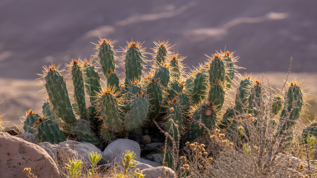 Desert prickly pear cactus spines catching golden sunlight