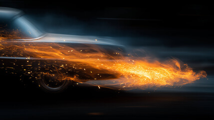 Hot rod tail flames motion blur, blazing orange flames stretching behind car, dramatic contrast with dark background, fast motion blur