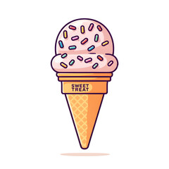 Colorful cartoon ice cream cone with sprinkles and sweet treat label