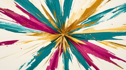 Abstract explosion with vibrant colors teal, gold and magenta rays on white