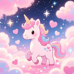 A cute kawaii unicorn drifts through candy-colored clouds, where starlight sparkles softly and every heartbeat hums with gentle magic