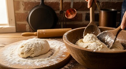 Hands mixing dough in a rustic wooden bowl on a kitchen counter with flour and a rolling pin.