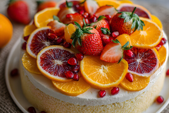 a cake with oranges strawberries pomegranates and pomegranates on top