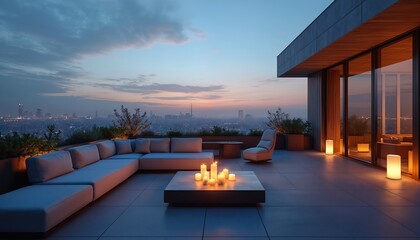 Fototapeta premium Modern rooftop terrace with city view at dusk. Comfortable sectional sofa, armchair, coffee table with candles create elegant outdoor living space. City lights twinkle in background under twilight