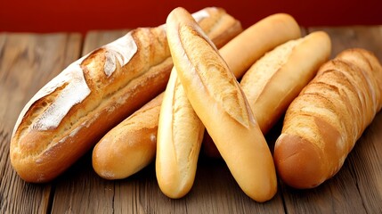 Artisan French Baguettes on Rustic Wood Table, Freshly Baked