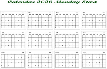 Minimal Calendar 2026 monday Start for Appointment record, Work or study scheduleม financial planning, list to do