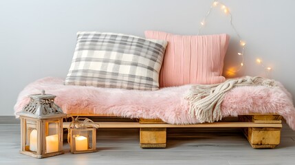 Cozy pallet couch arrangement with pillows and lights for home interior