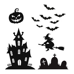 Silhouette Halloween Elements Collection with Haunted House ,Gravestones ,Jack O Lantern ,Witch and Bats.Vector Illustration