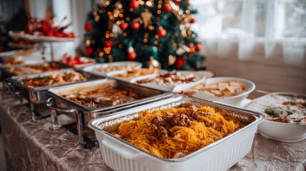 Festive buffet spread with various dishes set up near a decorated Christmas tree during a holiday gathering