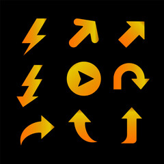 Vibrant yellow-orange gradient icons set featuring dynamic arrows, lightning bolts, and a play button for modern digital design projects