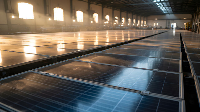 Solar panels manufacturing in industrial warehouse
