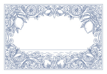 Vintage Blue Lemon Floral Border - Mediterranean Design