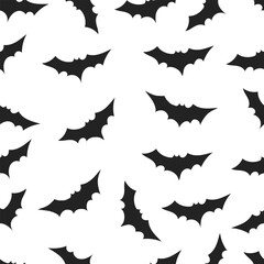 Seamless Pattern Black Bats Silhouette Flying Halloween Background.Vector Illustration