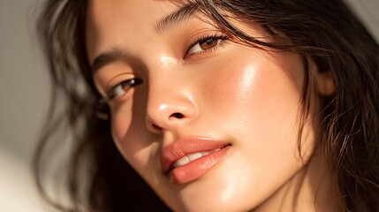 Obraz premium Radiant young woman with glowing skin illuminated by warm sunlight, exuding natural beauty and serenity.