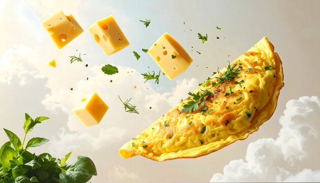 Flying fluffy omelette mid-air with cheese and herbs floating separately