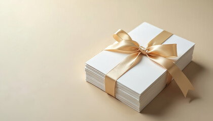 Stack of blank white cards tied with a gold ribbon. Elegant stationery for invitations, notes, or special occasions. Minimalist, clean design for writing messages.