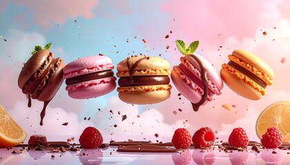 Flying French macarons in pastel colors with chocolate drizzle and fruits apart