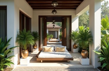 Obraz premium Luxury resort hotel entrance with modern exterior design, green plants. Daybed with white mattress, pillows under covered corridor. Wooden ceiling, pendant lamps. Potted plants on white pedestals.