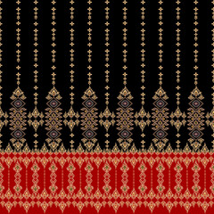 Thai geometric fabric pattern art, abstract, ethnic, red, black background for textile, clothes, curtains, carpets, pillows, bags, decorations, vector illustration.