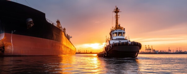  tugboat guides a large ship at sunset, creating a stunning reflection on the water, showcasing maritime operations and beautiful coastal scenery.