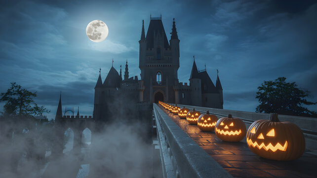 Halloween jack o' lanterns lighting gothic castle under full moon - Powered by Adobe