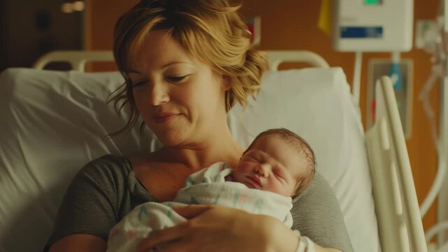 New mother holds her newborn baby in a hospital room during the first moments of bonding