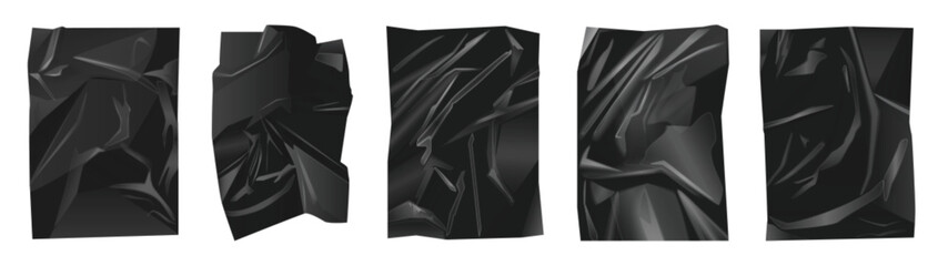 Realistic black crumpled polyethylene film textures perfect for backgrounds, packaging, or design projects, offering a modern plastic effect isolated on white background vector illustration