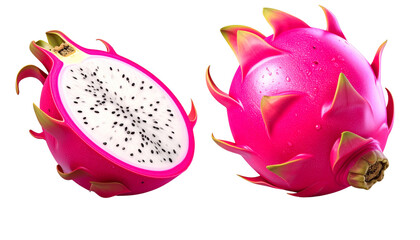  3D Fresh Dragon Fruit Bundle Whole and Cut isolated on transparent background
