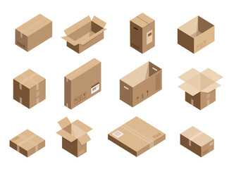 Fototapeta premium Various isometric cardboard boxes in different shapes and sizes, including open and closed packaging, displayed in isometric style isolated on white background vector illustration